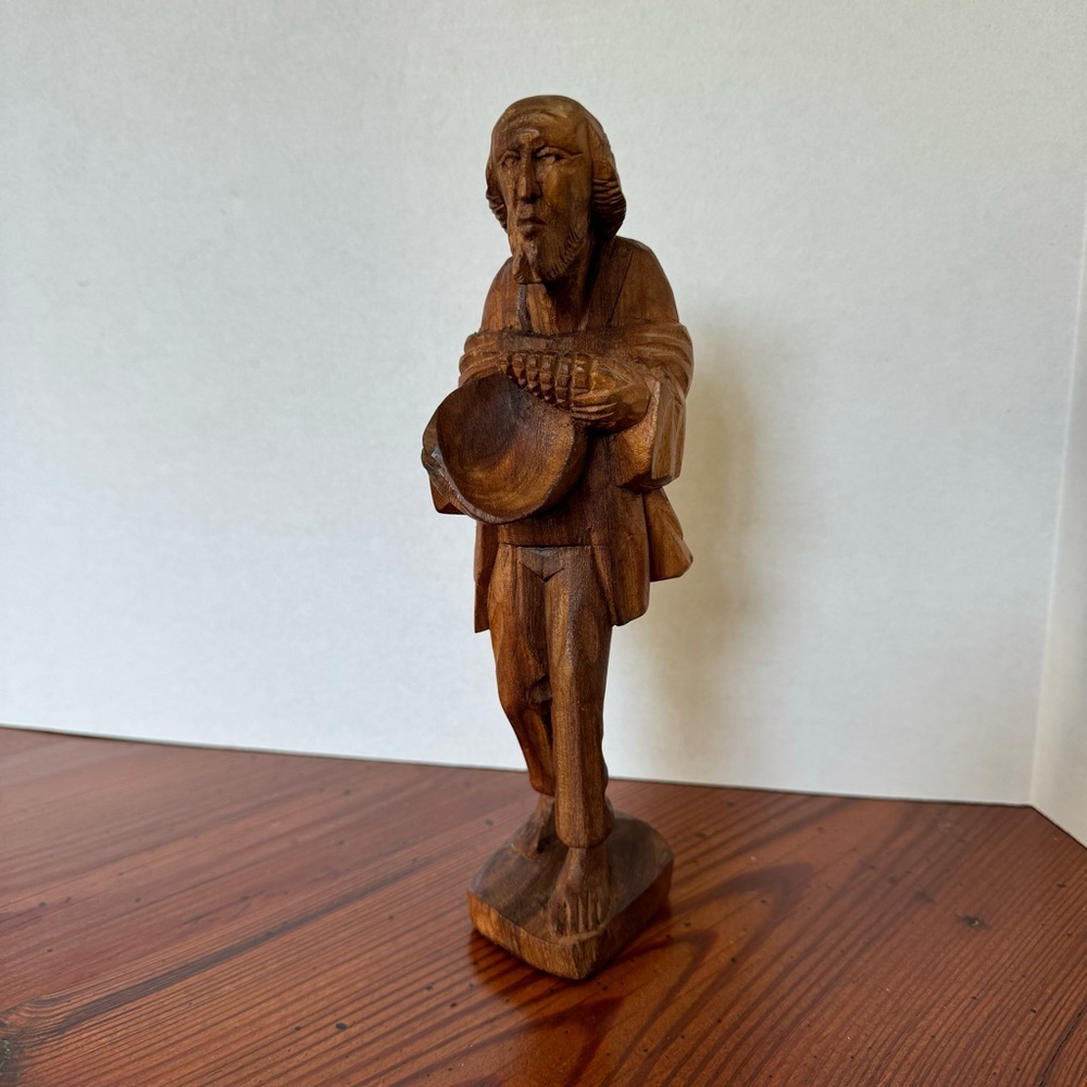 Hand Carved Wooden Man With Bowl Figurine - Vintage Art 9”